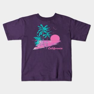 California Dreaming Bright Sunrise or Sunset Over the Beach and Ocean with Palm Trees and Birds Kids T-Shirt